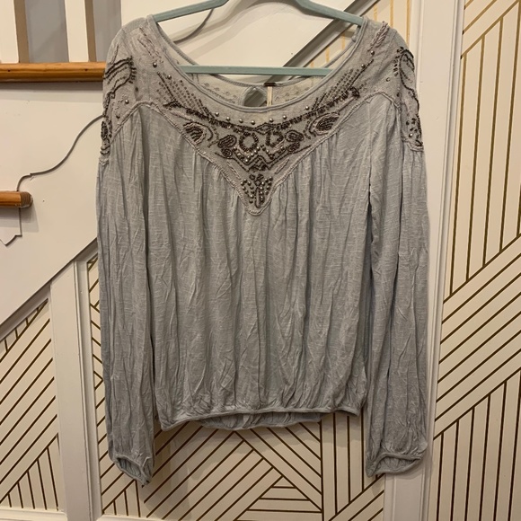 Free People Tops - Free People Gray Long Sleeve Jeweled Shirt